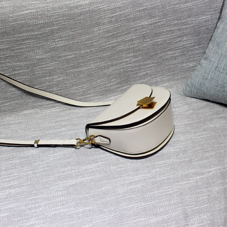 Cute Womens White Leather Half Round Crossbody Purse Round White Saddle Shoulder Bag for Women
