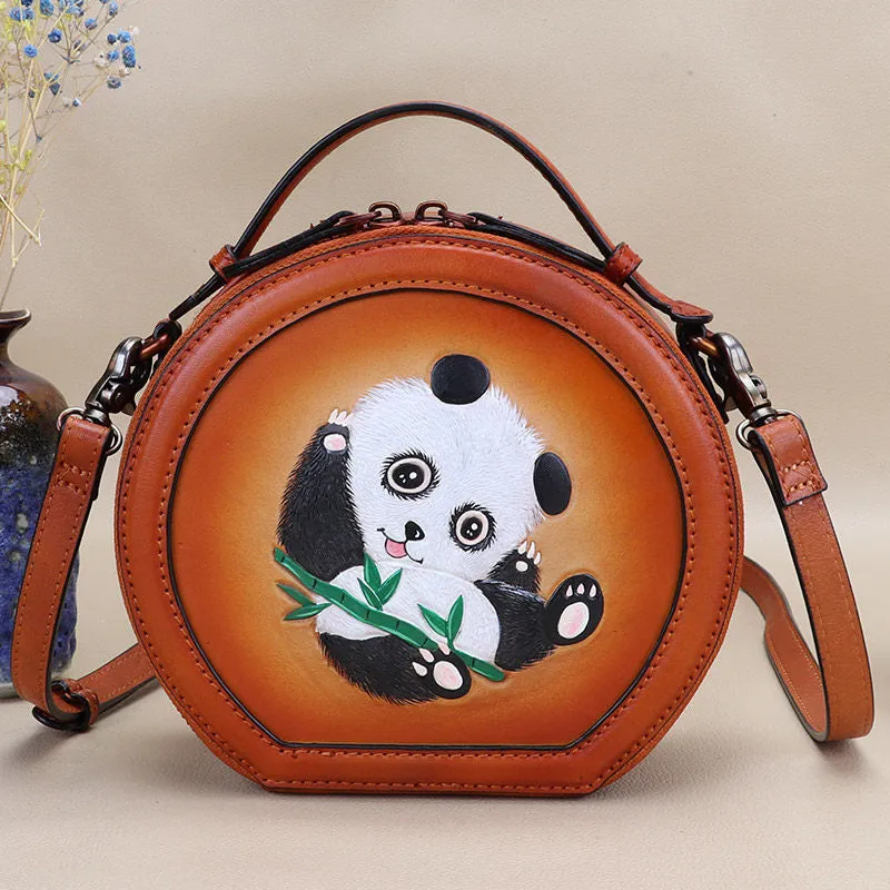 Cutest Women Brown Leather Round Handbag Panda Crossbody Purse Vintage Round Shoulder Bags for Women