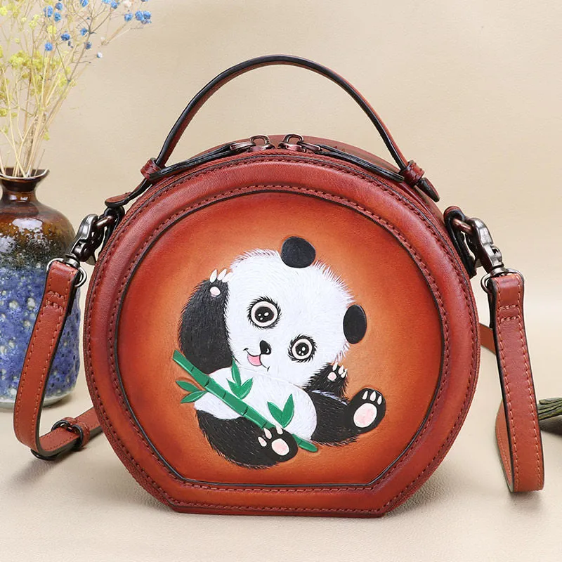 Cutest Women Brown Leather Round Handbag Panda Crossbody Purse Vintage Round Shoulder Bags for Women