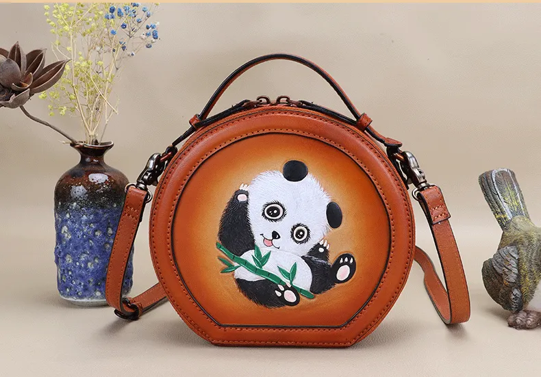 Cutest Women Brown Leather Round Handbag Panda Crossbody Purse Vintage Round Shoulder Bags for Women