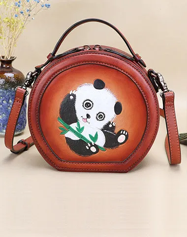 Cutest Women Brown Leather Round Handbag Panda Crossbody Purse Vintage Round Shoulder Bags for Women