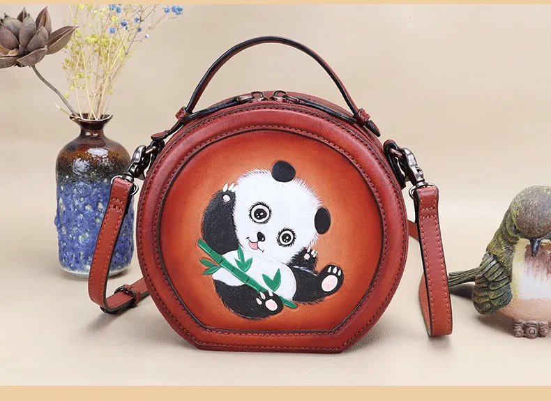 Cutest Women Brown Leather Round Handbag Panda Crossbody Purse Vintage Round Shoulder Bags for Women