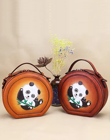 Cutest Women Brown Leather Round Handbag Panda Crossbody Purse Vintage Round Shoulder Bags for Women
