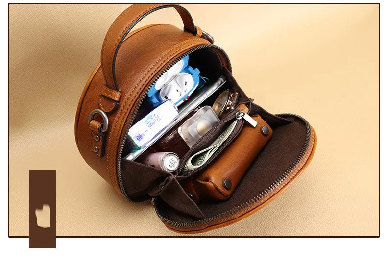 Cutest Women Brown Leather Round Handbag Panda Crossbody Purse Vintage Round Shoulder Bags for Women