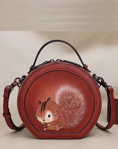 Cutest Women Brown Leather Round Handbag sSquirrel Crossbody Purse Vintage Round Shoulder Bags for Women