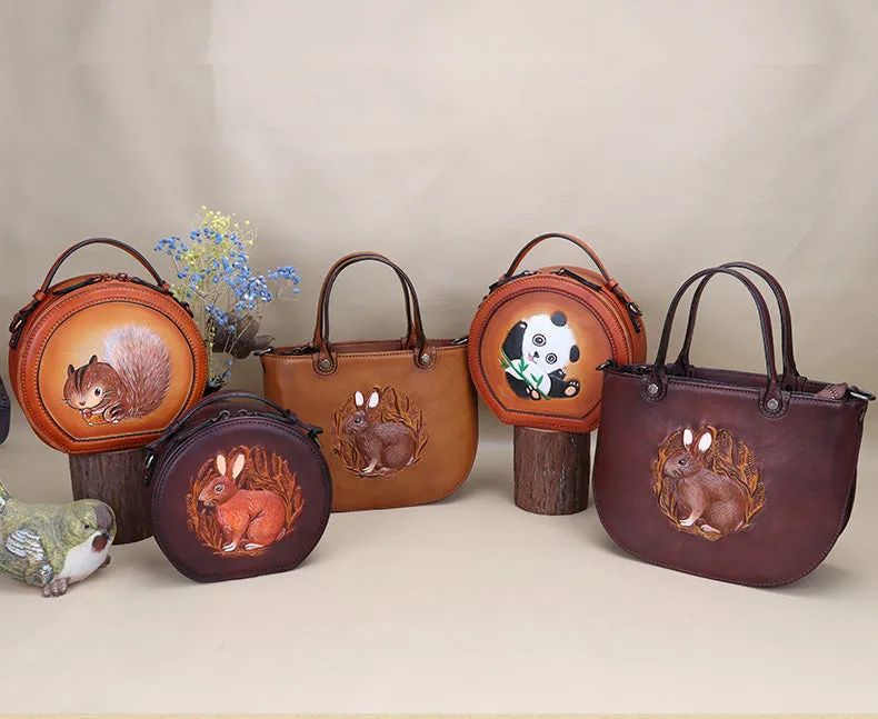 Cutest Women Brown Leather Round Handbag sSquirrel Crossbody Purse Vintage Round Shoulder Bags for Women