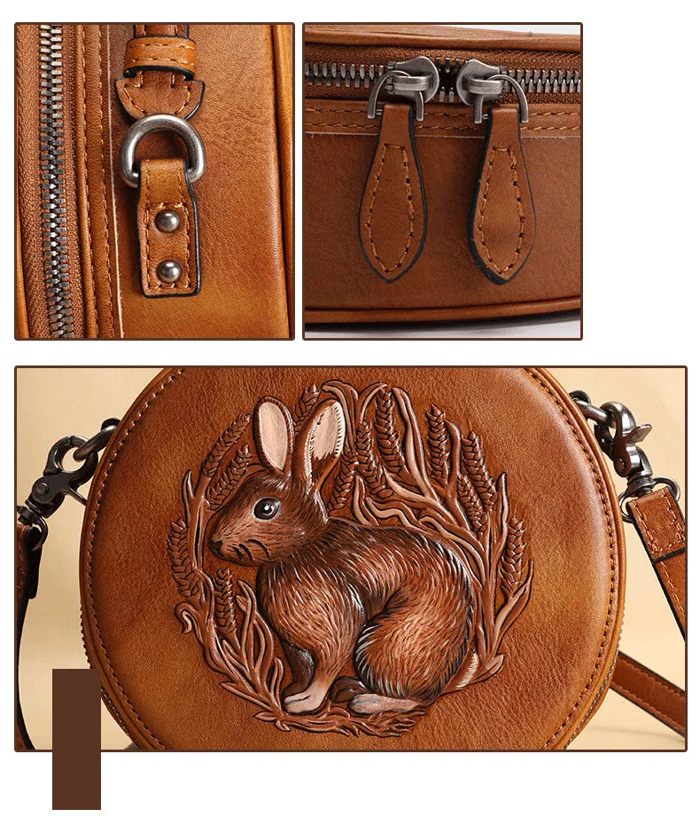 Cutest Womens Brown Leather Round Handbag Bunny Crossbody Purse Vintage Round Shoulder Bags for Women
