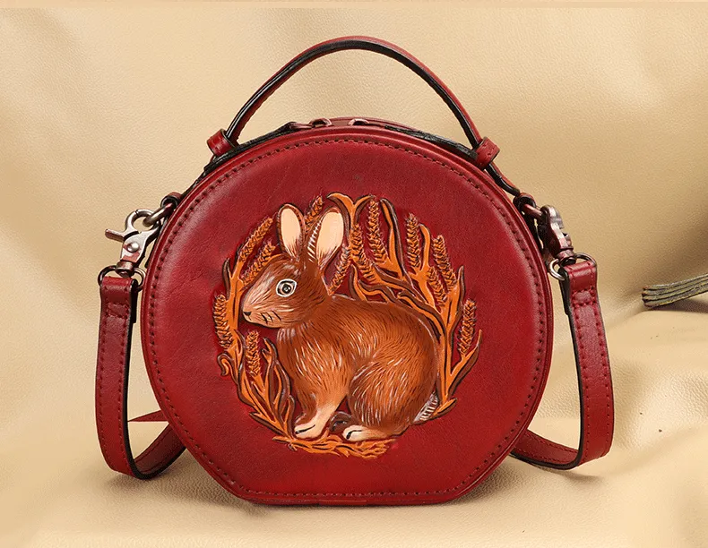 Cutest Womens Coffee Leather Round Handbag Bunny Crossbody Purse Vintage Round Shoulder Bags for Women