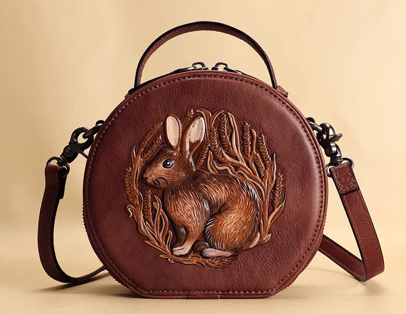 Cutest Womens Coffee Leather Round Handbag Bunny Crossbody Purse Vintage Round Shoulder Bags for Women