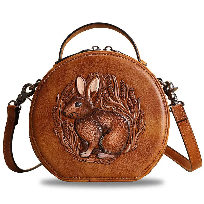 Cutest Womens Coffee Leather Round Handbag Bunny Crossbody Purse Vintage Round Shoulder Bags for Women