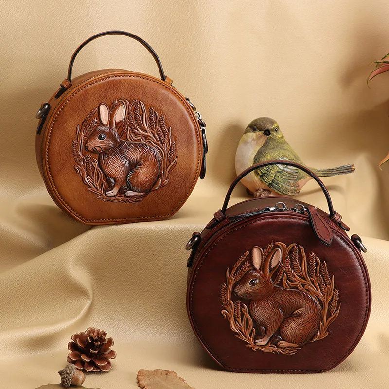 Cutest Womens Coffee Leather Round Handbag Bunny Crossbody Purse Vintage Round Shoulder Bags for Women