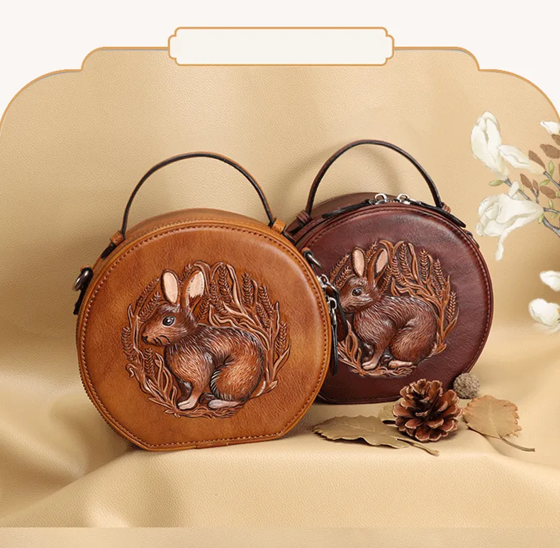 Cutest Womens Coffee Leather Round Handbag Bunny Crossbody Purse Vintage Round Shoulder Bags for Women