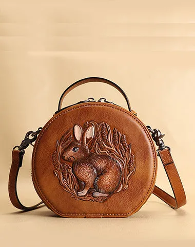 Cutest Womens Coffee Leather Round Handbag Bunny Crossbody Purse Vintage Round Shoulder Bags for Women