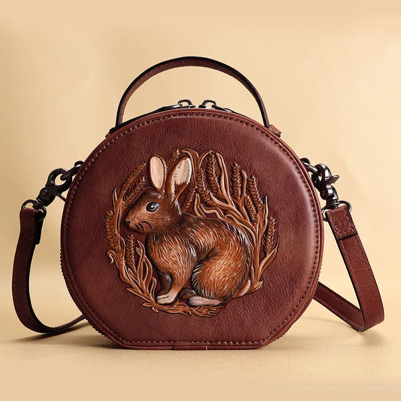 Cutest Womens Coffee Leather Round Handbag Bunny Crossbody Purse Vintage Round Shoulder Bags for Women
