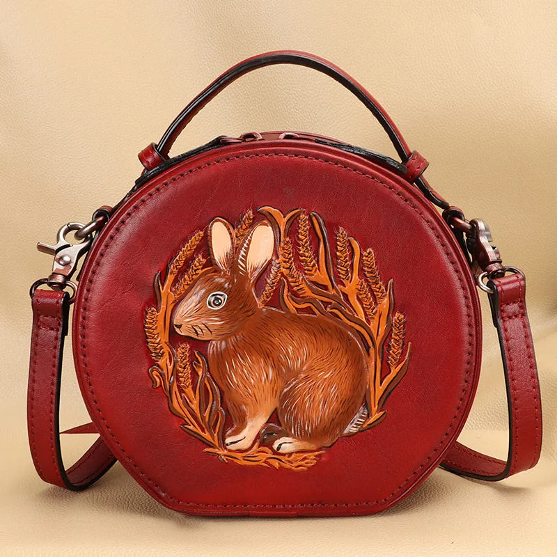 Cutest Womens Coffee Leather Round Handbag Bunny Crossbody Purse Vintage Round Shoulder Bags for Women