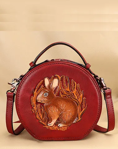 Cutest Womens Coffee Leather Round Handbag Bunny Crossbody Purse Vintage Round Shoulder Bags for Women