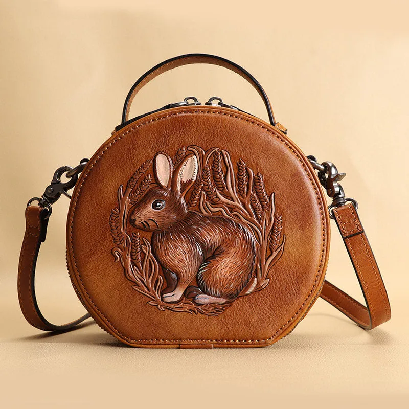 Cutest Womens Coffee Leather Round Handbag Bunny Crossbody Purse Vintage Round Shoulder Bags for Women