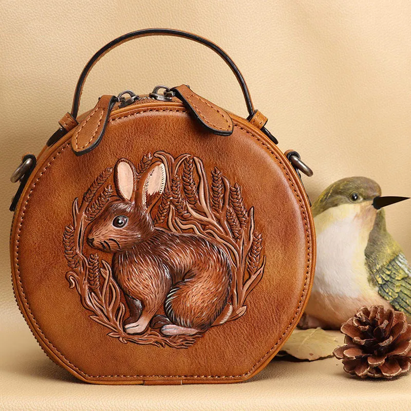 Cutest Womens Coffee Leather Round Handbag Bunny Crossbody Purse Vintage Round Shoulder Bags for Women