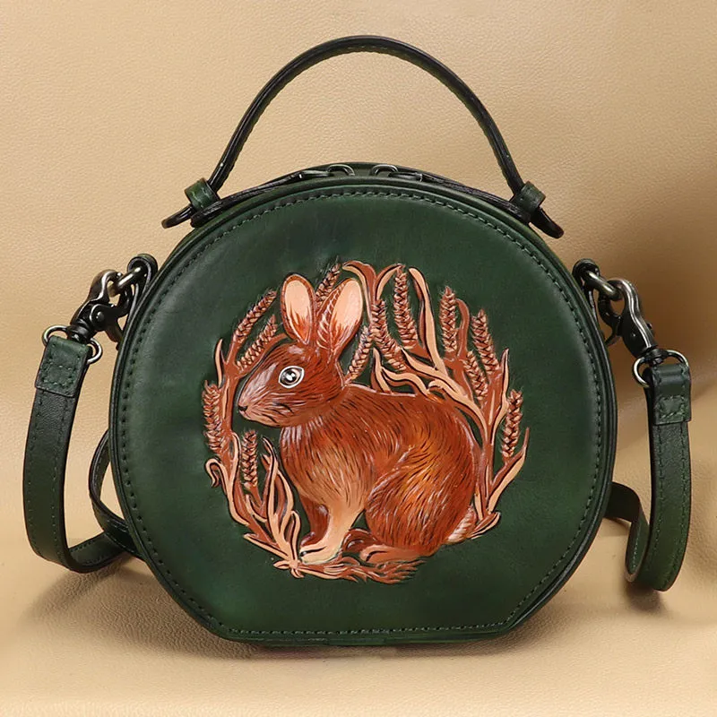 Cutest Womens Coffee Leather Round Handbag Bunny Crossbody Purse Vintage Round Shoulder Bags for Women