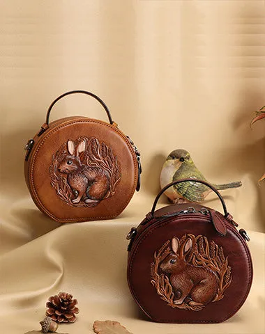 Cutest Womens Coffee Leather Round Handbag Bunny Crossbody Purse Vintage Round Shoulder Bags for Women