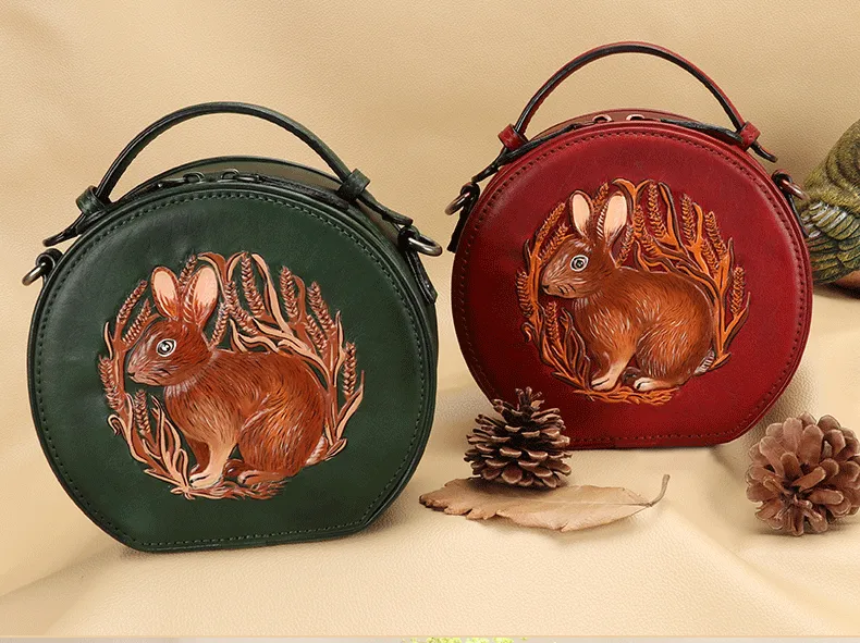 Cutest Womens Coffee Leather Round Handbag Bunny Crossbody Purse Vintage Round Shoulder Bags for Women