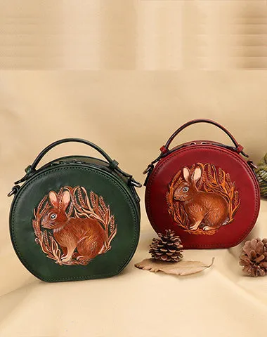 Cutest Womens Green Leather Round Handbag Bunny Crossbody Purse Vintage Round Shoulder Bags for Women