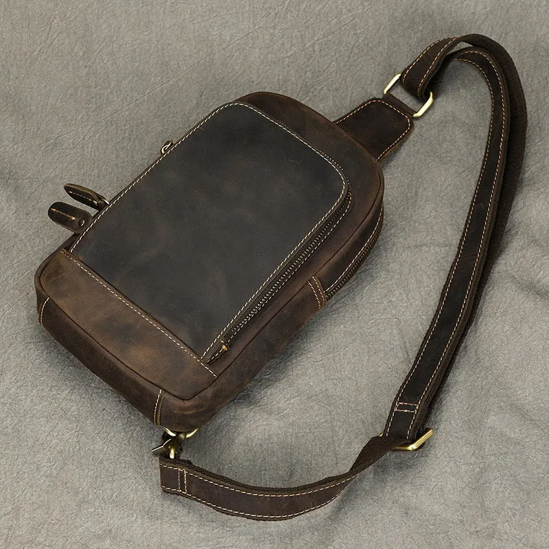 Dark Brown Leather Men's Sling Bag Sling Pack Leather Chest Bag One Strap Backpack For Men