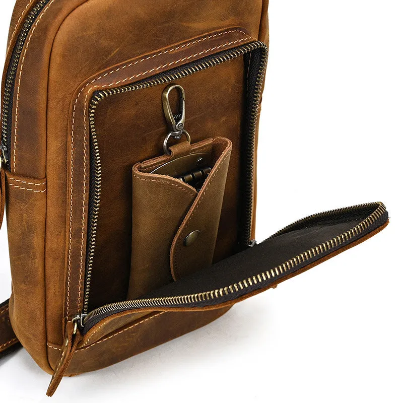 Dark Brown Leather Men's Sling Bag Sling Pack Leather Chest Bag One Strap Backpack For Men