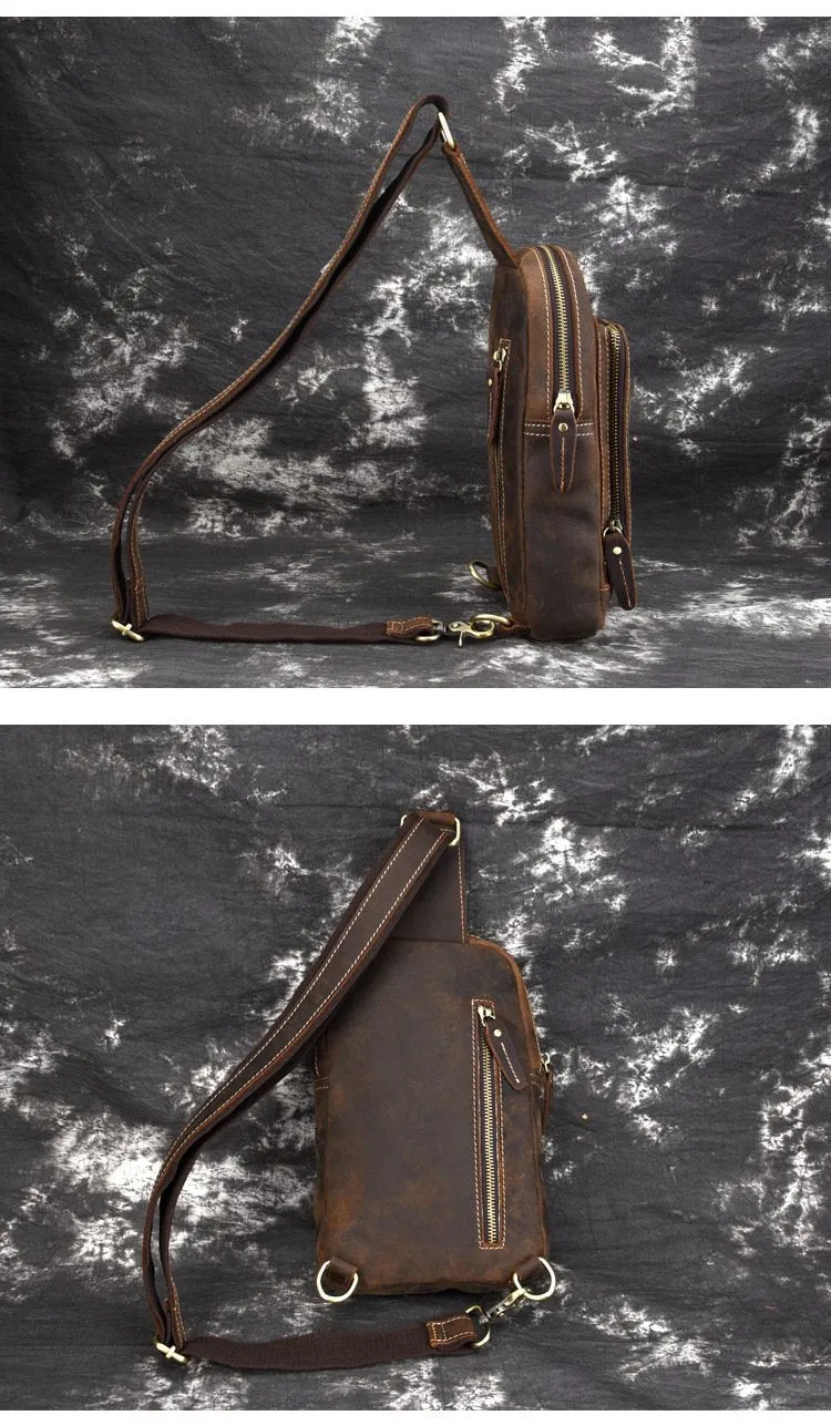 Dark Brown Leather Men's Sling Bag Sling Pack Leather Chest Bag One Strap Backpack For Men