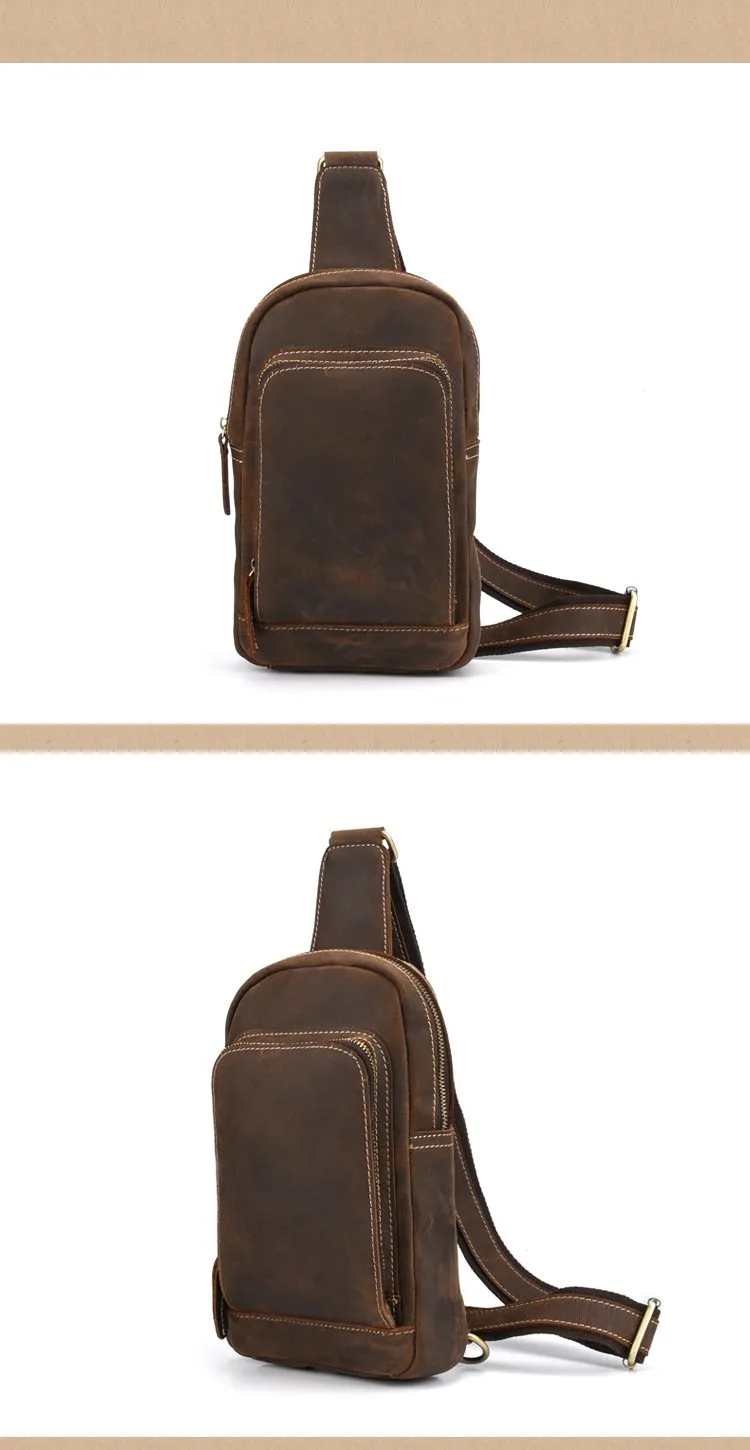 Dark Brown Leather Men's Sling Bag Sling Pack Leather Chest Bag One Strap Backpack For Men