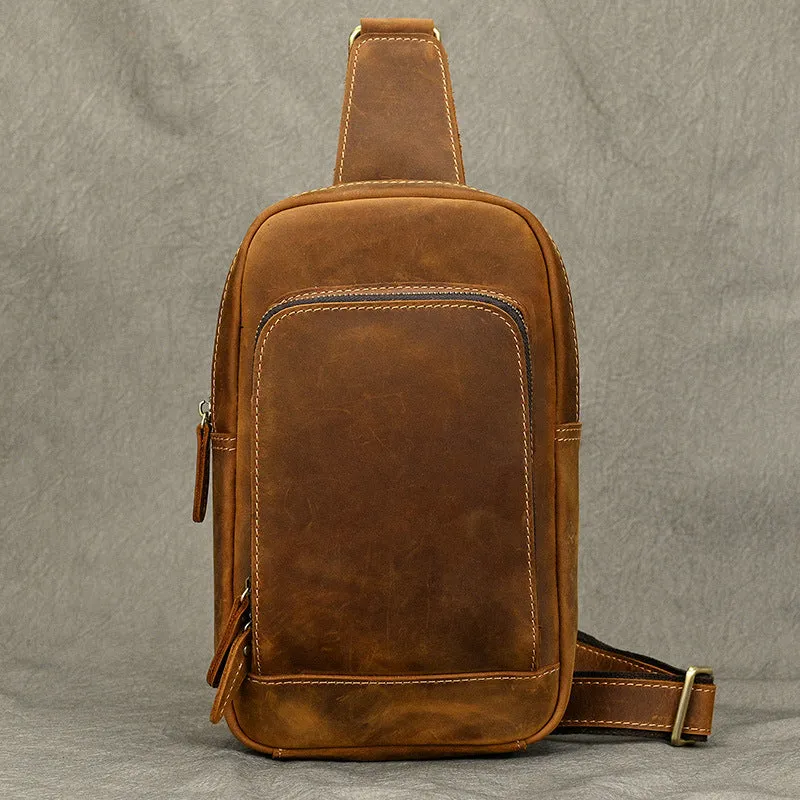Dark Brown Leather Men's Sling Bag Sling Pack Leather Chest Bag One Strap Backpack For Men