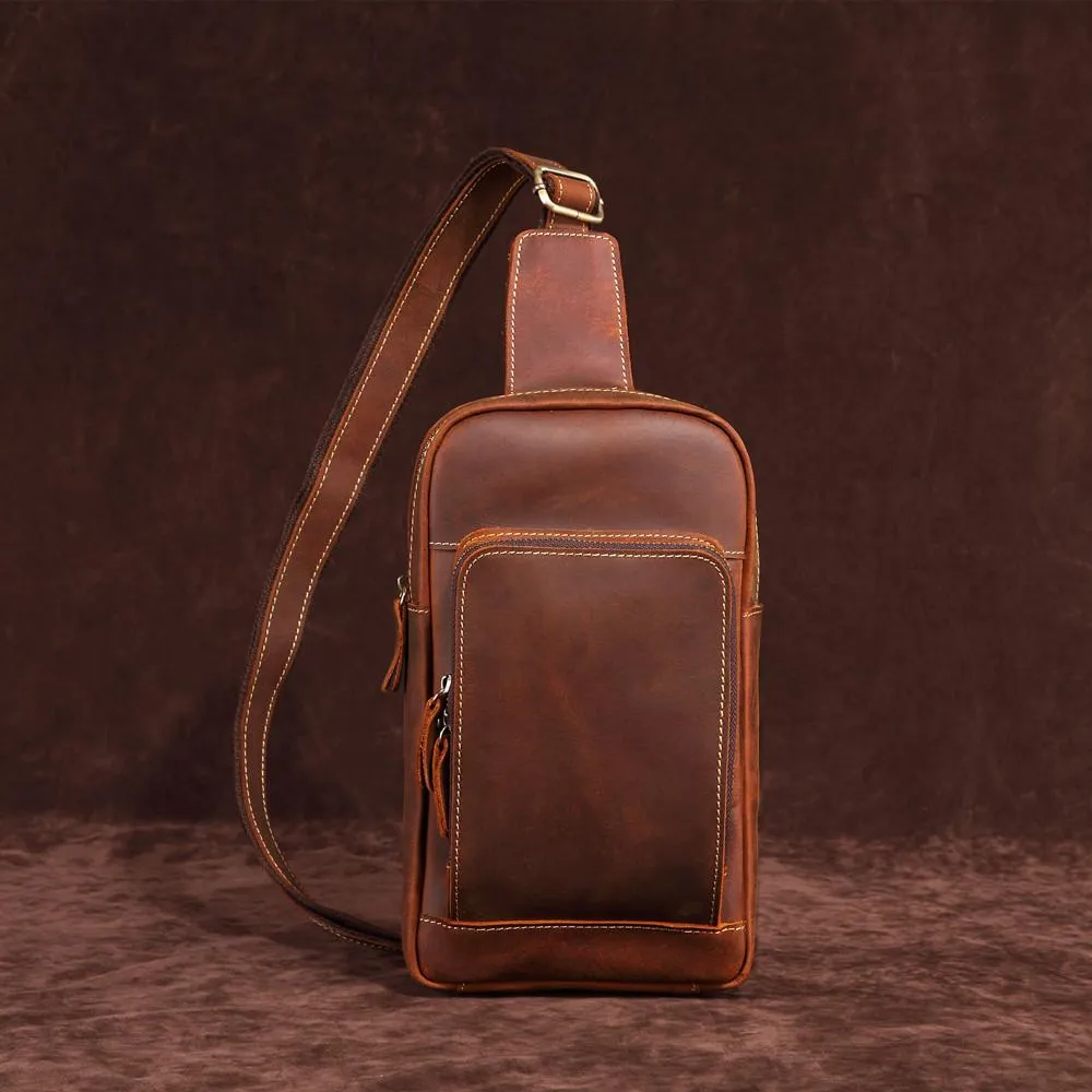 Dark Brown Leather Men's Sling Bag Sling Pack Leather Chest Bag One Strap Backpack For Men