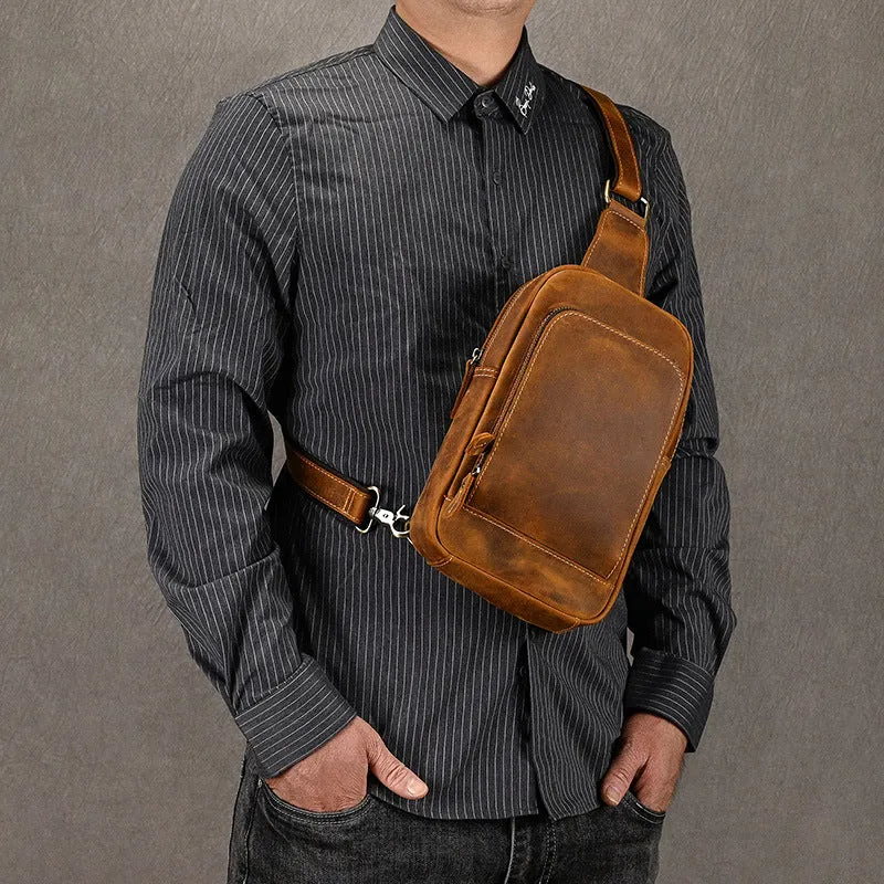 Dark Brown Leather Men's Sling Bag Sling Pack Leather Chest Bag One Strap Backpack For Men