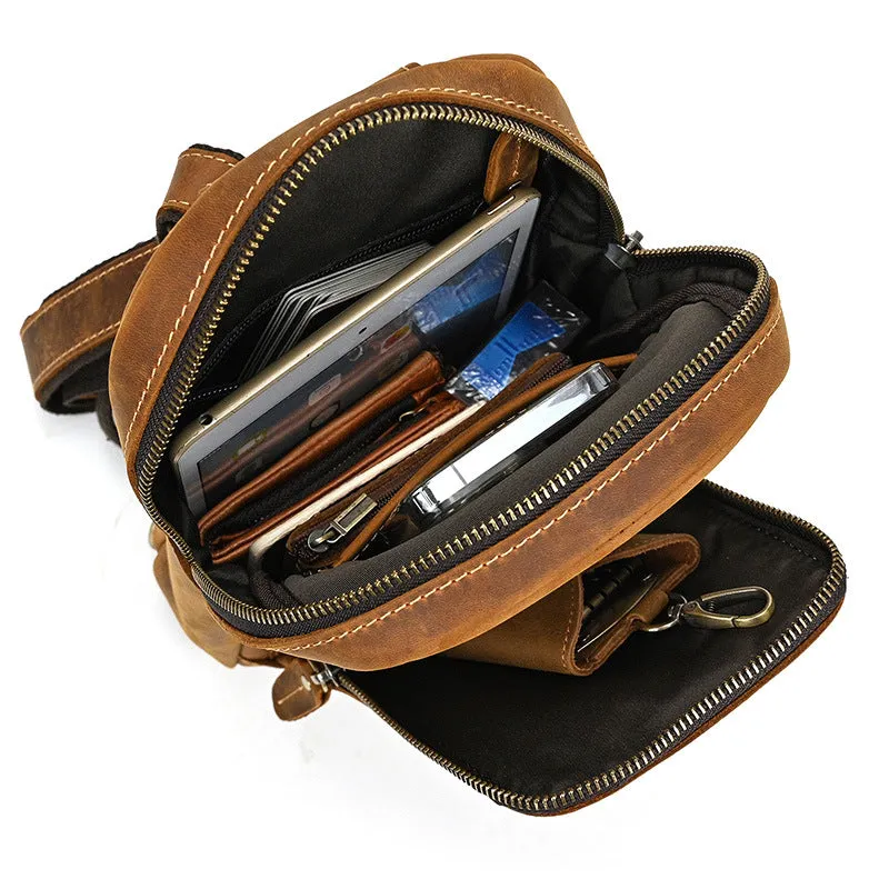 Dark Brown Leather Men's Sling Bag Sling Pack Leather Chest Bag One Strap Backpack For Men
