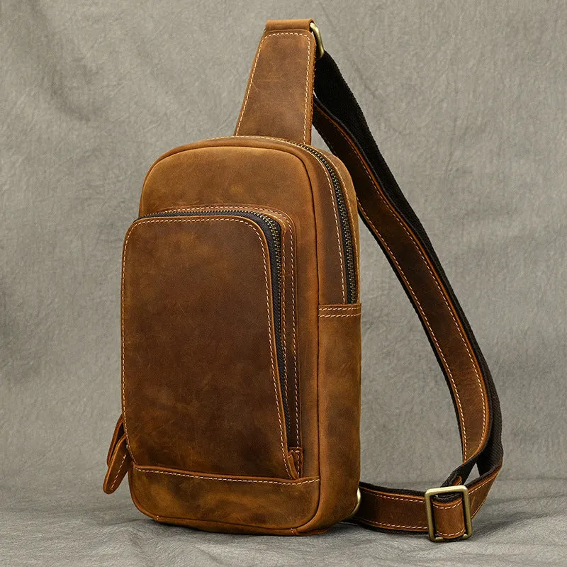 Dark Brown Leather Men's Sling Bag Sling Pack Leather Chest Bag One Strap Backpack For Men