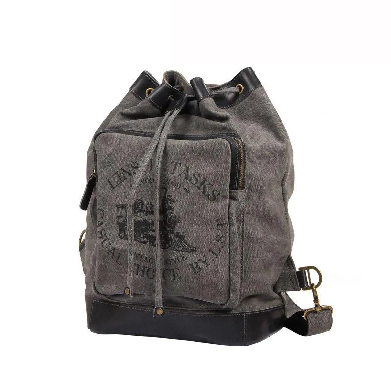 Fashion Canvas Leather Mens Bucket Sling Bag Sling Pack Khaki Canvas Sling Backpack for Men