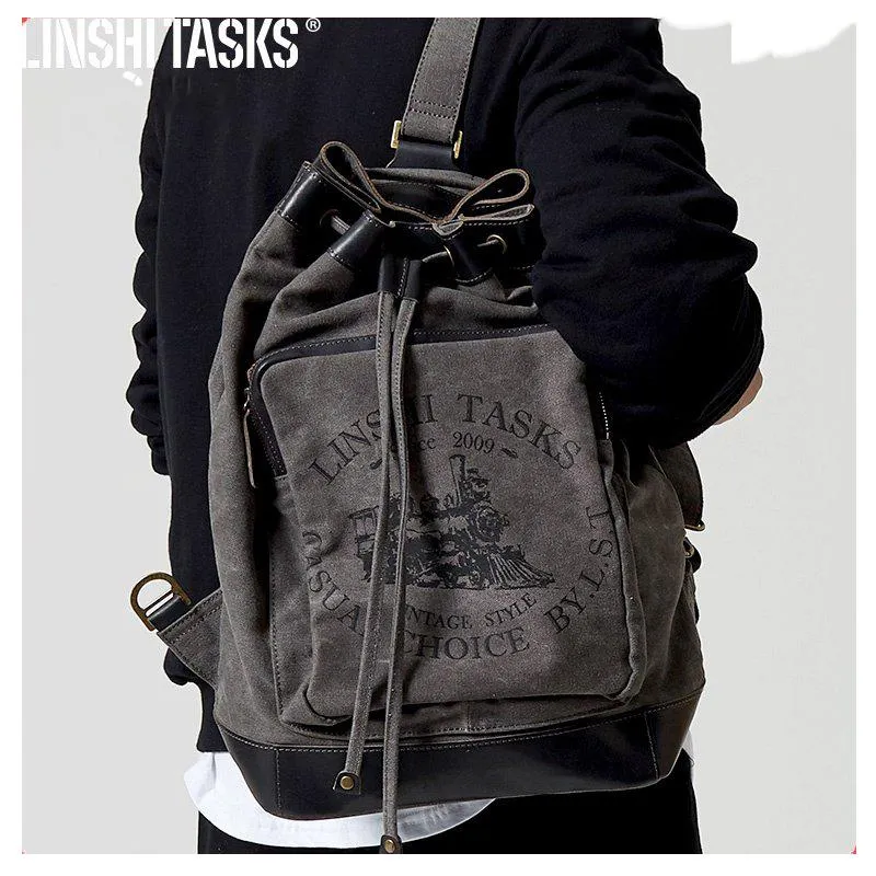 Fashion Canvas Leather Mens Bucket Sling Bag Sling Pack Khaki Canvas Sling Backpack for Men