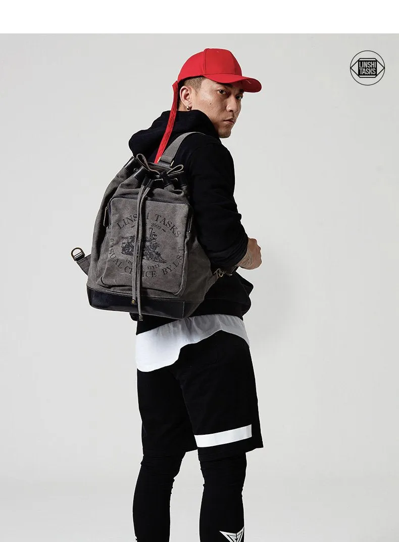 Fashion Canvas Leather Mens Bucket Sling Bag Sling Pack Khaki Canvas Sling Backpack for Men