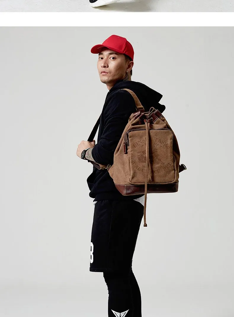 Fashion Canvas Leather Mens Bucket Sling Bag Sling Pack Khaki Canvas Sling Backpack for Men