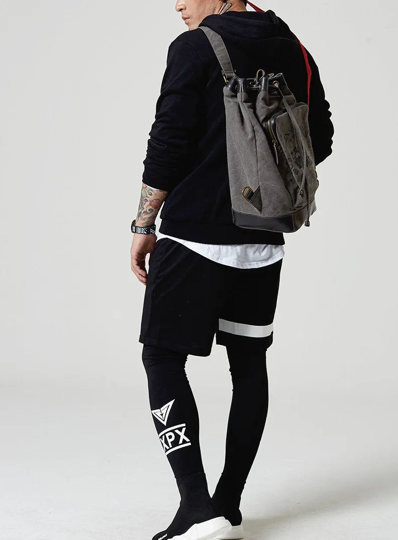 Fashion Canvas Leather Mens Bucket Sling Bag Sling Pack Khaki Canvas Sling Backpack for Men