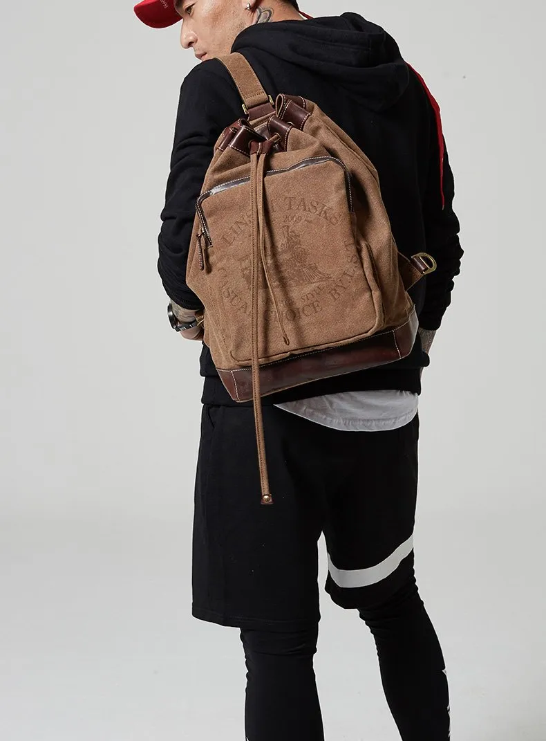 Fashion Canvas Leather Mens Bucket Sling Bag Sling Pack Khaki Canvas Sling Backpack for Men