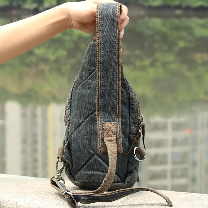 Fashion Jean Blue Mens Sling Bag Chest Bags Blue Denim One Shoulder Backpacks Sling Pack For Men