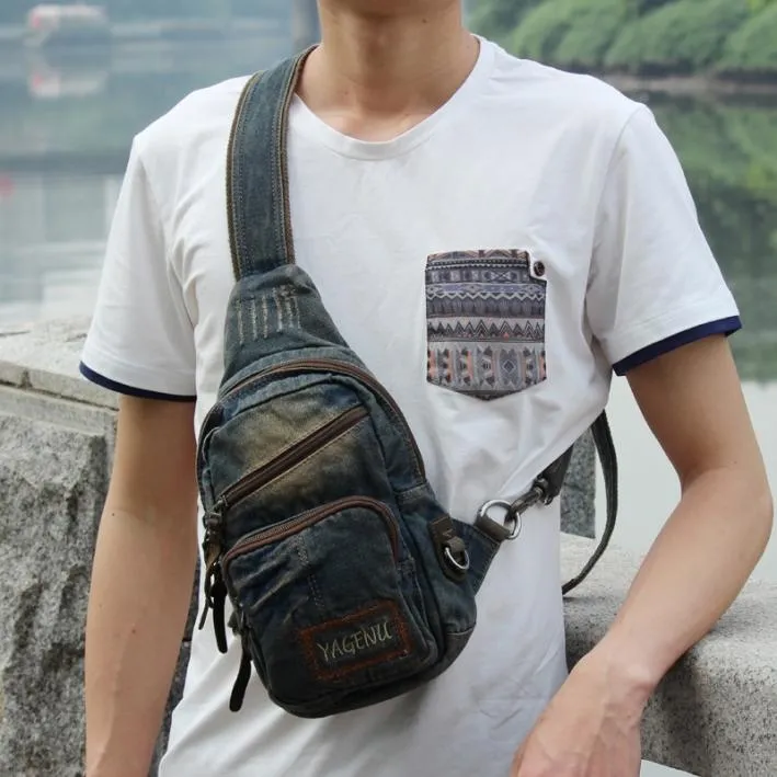 Fashion Jean Blue Mens Sling Bag Chest Bags Blue Denim One Shoulder Backpacks Sling Pack For Men