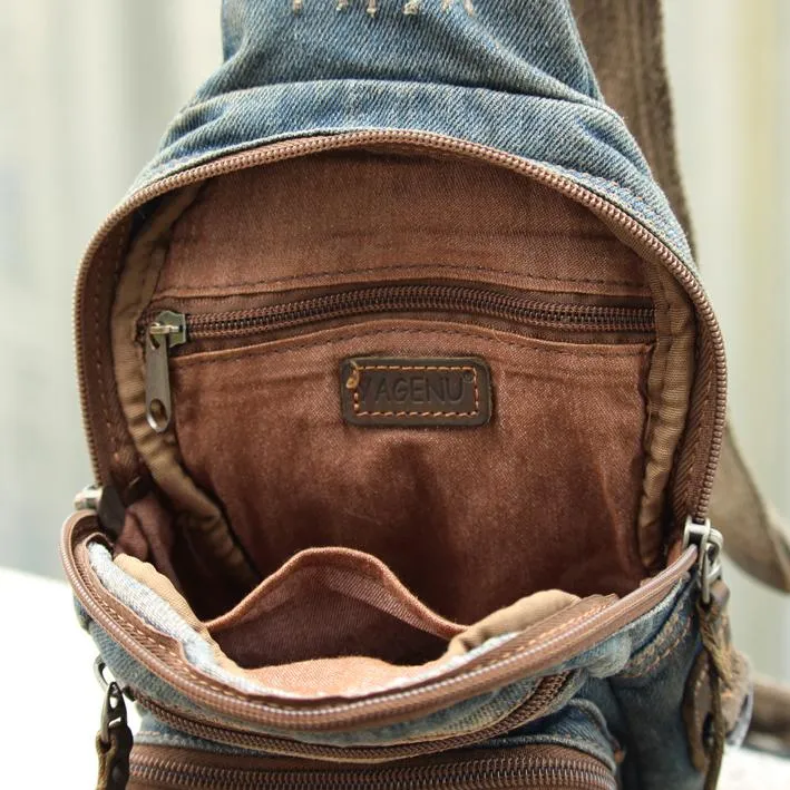 Fashion Jean Blue Mens Sling Bag Chest Bags Blue Denim One Shoulder Backpacks Sling Pack For Men