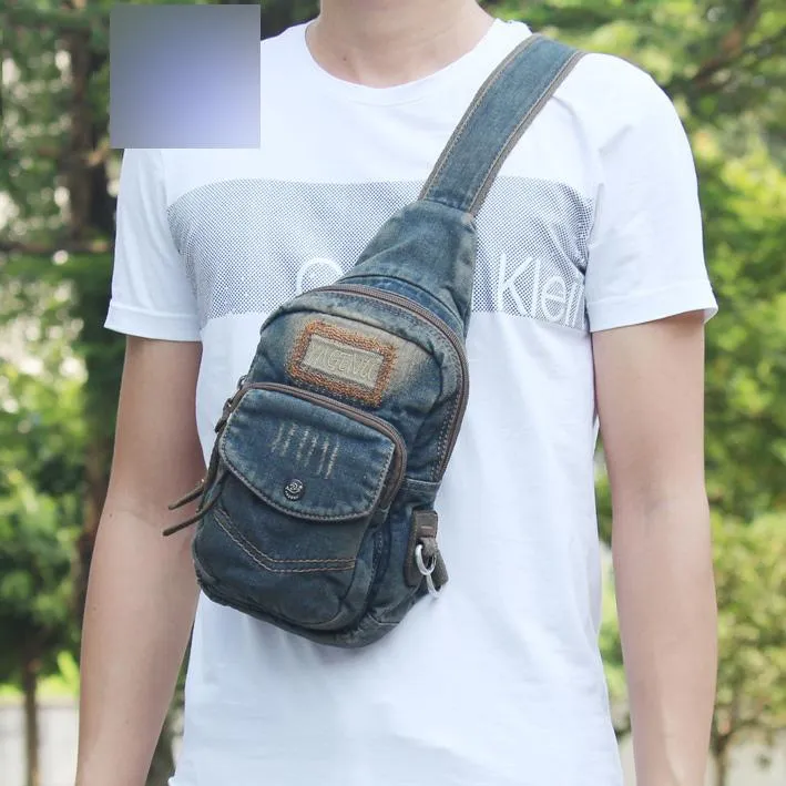 Fashion Jean Blue Mens Sling Bag Chest Bags Blue Denim One Shoulder Backpacks Sling Pack For Men
