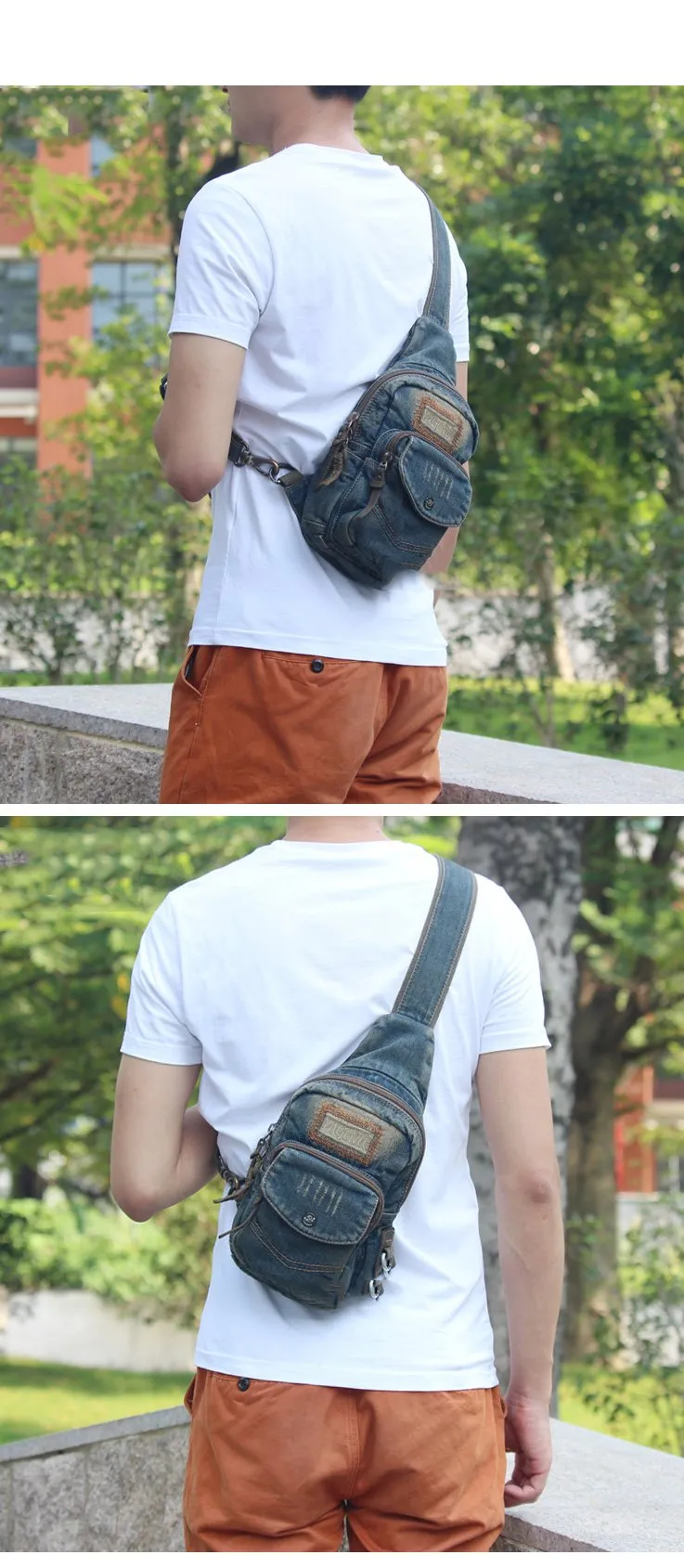Fashion Jean Blue Mens Sling Bag Chest Bags Blue Denim One Shoulder Backpacks Sling Pack For Men
