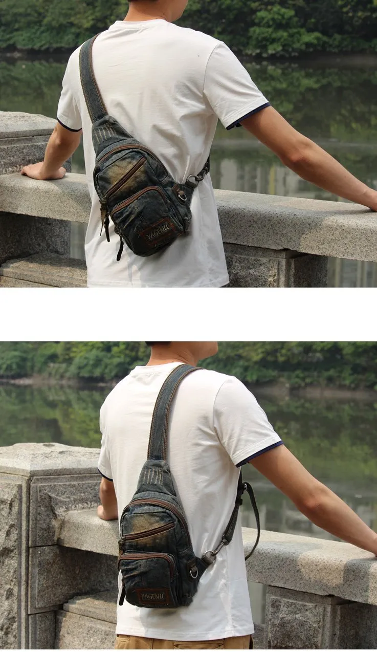 Fashion Jean Blue Mens Sling Bag Chest Bags Blue Denim One Shoulder Backpacks Sling Pack For Men