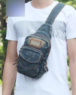 Fashion Jean Blue Mens Sling Bag Chest Bags Blue Denim One Shoulder Backpacks Sling Pack For Men