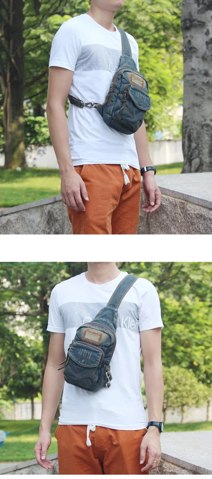 Fashion Jean Blue Mens Sling Bag Chest Bags Blue Denim One Shoulder Backpacks Sling Pack For Men