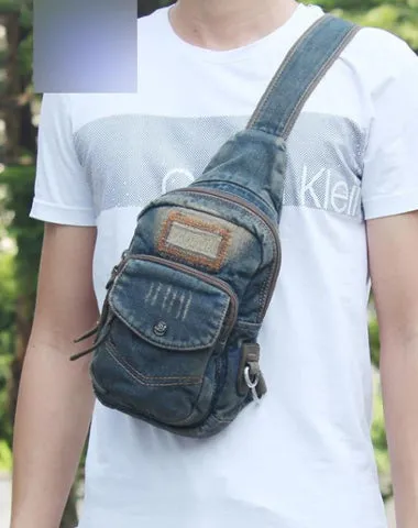 Fashion Jean Blue Mens Sling Bag Chest Bags Blue Denim One Shoulder Backpacks Sling Pack For Men